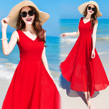 Летние Пляжные Платья-макси, модное белое, красное, синее богемное пляжное длинное шифоновое платье без рукавов в стиле бохо, длинное платье стандарта XXL 2024 - купить недорого