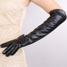 SHOUHOU 2018 women long leather gloves genuine sheepskin leather gloves girls party show Christmas gift long bowknot mittens 2024 - buy cheap