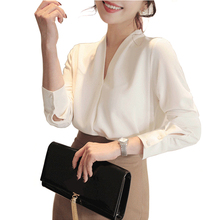 Moda Primavera Mulheres Estilo Coreano Blusa Solta Com Decote Em V Longo-sleeved Camisa Chiffon Sólida Plus Size Office Lady Tops 2024 - compre barato