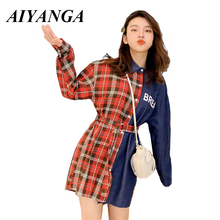 Vestido camisa feminino manga comprida, vestido jeans patchwork primavera 2019 casual xadrez contraste cor plus size 2024 - compre barato
