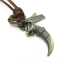 New Long Vintage Handmade Brown Men Women Genuine Leather Bronze Wolf Spike Pendant Necklace For Female Male Wholesale Jewelry 2024 - buy cheap