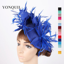 Feminino azul real pena flor headwear fascinator imitação sinamay festa chapéu derby casamento igreja pena pillobx chapéu moda 2024 - compre barato