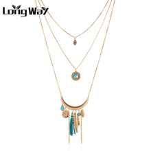 LongWay Blue Crystal Bead Charm Gold Color Necklace Multi Layer Statement Necklaces Pendants Women Summer Jewelry SNE160037 2024 - buy cheap