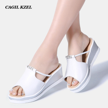 CAGILKZEL 2019 Summer Women Sandals Wedges Platform Leather Peep toe Crystal Female Sandals Ladies Mules Clogs Slipper Shoes 2024 - buy cheap