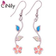 CiNily Created White Blue Pink Fire Opal Silver Plated Earrings Wholesale Flower for Women Jewelry Dangle Earrings 2" OH3416 2024 - buy cheap