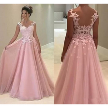 2019  Pink Prom Dresses Sheer Neck Sweep Train Lace Appliques Long Formal Evening Party Gowns 2024 - buy cheap