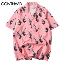 GONTHWID Pistol Gun Print Pink Beach Hawaiian Aloha Shirts 2020 Summer Mens Casual Short Sleeve Shirt Male Fashion Shirts Tops 2024 - buy cheap