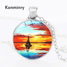 Konminry Classic Sea Beach Scenery Necklace Art Oil Painting Boat Vintage Pictures Glass Pendant Necklace Women Men Gift Jewelry 2024 - buy cheap