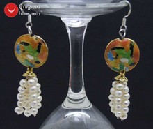 Qingmos Natural 4-5mm White Pearl Earrings for Women with Pink Cloisonne Coin Beads & Cloisonne Hummer Dangle 2.5'' Earring e523 2024 - buy cheap