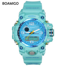 Женские наручные часы BOAMIGO, синие спортивные часы с двойным дисплеем, водонепроницаемые светодиодные цифровые часы, 30 м 2024 - купить недорого