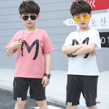 Summer Two Piece Clothes Set for Big Boys Korean Children Clothing Set 4 Colors Sports Suit M T-shirt + Loose Striped Shorts New 2024 - buy cheap