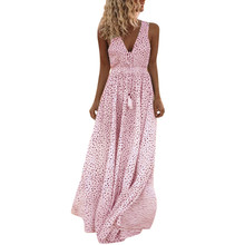 2019 Summer Long Beach Dress Polka Dot Boho Sleeveless Dresses Plus Size Tassels  Deep V Neck women's Chiffon Print Dress 2024 - buy cheap