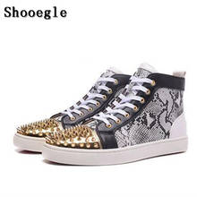 SHOOEGLE High Quality Snakeskin Patchwork Rivets Men Shoes Studs Lace-up Sneakers Men Hightop Flat Casual Shoes Man EU39-47 2024 - buy cheap