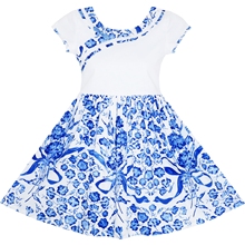 Sunny Fashion Vestido Menina Flor Menina Vestido Azul Branco Porcelana Floral Impresso Pageant Feriado Algodão 2020 verão Princesa Casamento Festa Vestidos Roupas 2024 - compre barato