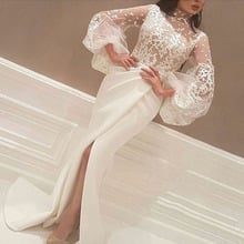 White Muslim Evening Dresses Mermaid High Collar Long Sleeves Lace Slit Islamic Dubai Saudi Arabic Long Evening Gown Prom 2024 - buy cheap