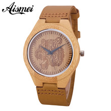 2018 New arrive Cool Tiger Engraving Dial Wood Watches Male Genuine Leather Clock Relogio Masculino Mens Wooden Watch Gift 2024 - buy cheap