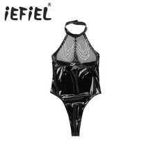 iEFiEL Fashion Women Patent Leather Halter Neck Mesh Fishnet Bust Zipper Crotch Leotard Bodysuit Teddies Night Club Leotard 2024 - buy cheap