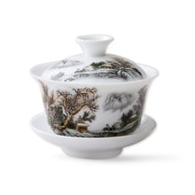 small gaiwan 80cc porcelain tureen China ceramic tea bowl set covered bowl with lid cup saucer under glaze mountain river print 2024 - buy cheap