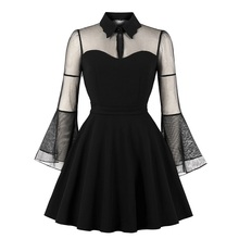 black gothic mesh perspective flare sleeve patchwork swing dress frocks Vintage halloween party robe medievale femme 2024 - buy cheap