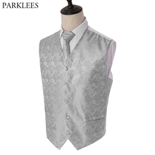 Mens Gray Paisley Jacquard Tuxedo Vest Tie Handkerchief Set 2019 Spring New Slim Fit Business Vest Necktie Pocket Square Set 5XL 2024 - buy cheap