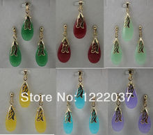 wholesale Natural stone  6Colors GP Pendant Necklace Earring Set + free chain Light green red blue, and purple green 2024 - buy cheap