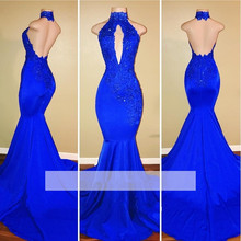 Vestido De fiesta azul real para mujer, traje largo De sirena con cuello Halter, apliques con cuentas y Espalda descubierta, vestido De noche para graduación 2024 - compra barato