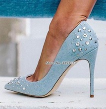 ALMUDENA/женские светло-голубые джинсовые шикарные туфли-лодочки на высоком каблуке со стразами; пикантные джинсы; модельные туфли со стразами; Прямая поставка 2024 - купить недорого