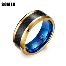 Винтажное вольфрамовое мужское кольцо 8 мм, черное полированное мужское обручальное кольцо из углеродного волокна синего и золотого цвета, ювелирные изделия, подарок для друзей 2024 - купить недорого