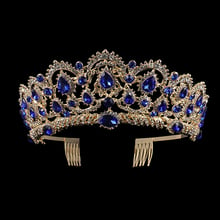 European Blue Crystal Crown Gold Vintage Rhinestone Pageant Royal Tiara With Comb Baroque Wedding Hair Accessories For Bride 2024 - buy cheap