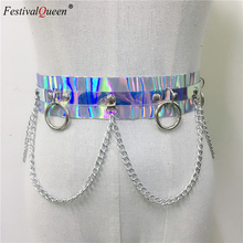 Women's 2019 Shiny Faux Leather Harness Belt Dazzle Color Holographic Silver Metal Punk Chain for Nightclub Party Waist Belts 2024 - buy cheap