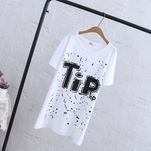 Zuolunouba Dyeing Letters Print Bamboo Slub Cotton Medium-long T-shirts Women Short Sleeve Summer Fat Casual Tees Tops Oversize 2024 - buy cheap