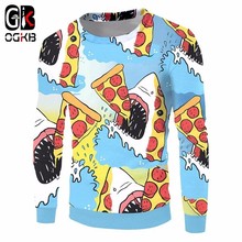 Ogko moletom longo estampado feminino/masculino, moletom casual com capuz, estampa engraçada de tubarão comendo pizza, pulôveres e roupas externas 2018 2024 - compre barato