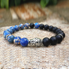 Pulseira regalite azul, ônix preto, proteção de oração budista boêmia, meditação, homens mala de pulso, pulseira mala de buda 2024 - compre barato