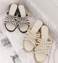 Carpaton Summer Outside Wearing Thick Heels Slippers Sexy Open Toe Pearls Beaded High Heel Shoes Rome style Woman Slides 2024 - buy cheap