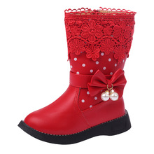 2020 Girls Winter Rubber Boots For Kids Children Lace Floral Bow-knot With Pearl Pendant Dots Sweet Princess Warm Cotton Boots 2024 - buy cheap