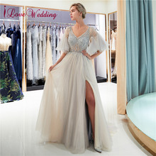 Vestido de noite longo e elegante, decote em v, collant para casamento, com sino, manga longa e divisão lateral 2024 - compre barato