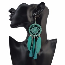 Vintage Tribal Green Feather Long Earrings For Women Tassel Female Bohemia Pendientes Hanging Earrings Ethnic Turkish Jewelry 2024 - buy cheap