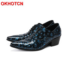 Blue Lace Up Oxford Shoes For Men Skull Design Pointed Toe Men Shoes Leather Handmade Spring Autumn Dress Shoe Zapatos De Hombre 2024 - buy cheap
