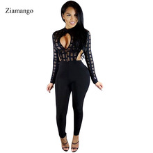 Womens Jumpsuits Sexy Bodycon Fitness Romper Bodysuits Hollow Out Combinaison Femme Stretch Long Pants Long Sleeve Black 2024 - buy cheap