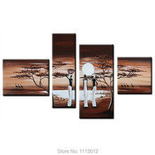 Povos de África E Girafa Árvore moderna Pintura A Óleo Sobre Tela 4 painel Art Set Home Decor Sumário Da Parede de Imagem para Sala de estar 2024 - compre barato
