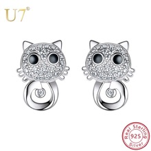 U7-pendientes de plata de ley 925 con ojos grandes para mujer, aretes pequeños de gato, Circonia cúbica AAA, Animal, joyería 2018 SC220 2024 - compra barato