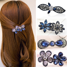 Women Fashion Hair Accessories Vintage Blue Crystal Bow Flower Hairpins Girl's Hair Barrettes Spring Clip Horsetail Hair Clips 2024 - buy cheap