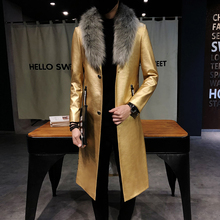 Casaco comprido de couro preto slim fit masculino, sobretudo longo dourado com gola de pele, luxuoso, 2021 2024 - compre barato