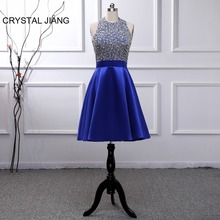 New Fashion Cocktail Dresses 2019 Robe cocktail Halter Heavy Beading Royal Blue Satin Sexy Open Back Short Mini Party Dress 2024 - buy cheap