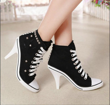 Shoes Woman Spring Boots Canvas High Heels Rivets New Style Lace-Up 2018 Autumn Zip Female Camping Shoes Flat Motorcycle Boots 2024 - buy cheap