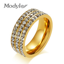 Mostyle новые модные свадебные кольца для женщин золотистого цвета из нержавеющей стали 3 ряда Кристалл кубического циркония кольцо ювелирные изделия оптом 2024 - купить недорого