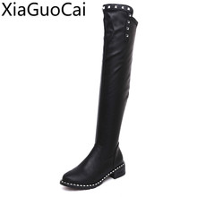 Botas por encima de la rodilla para mujer, botas femeninas planas de cuero genuino sin cordones, parte inferior con botas altas de moto elásticas, Otoño/Invierno 2024 - compra barato