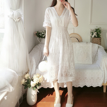 Summer Lady White Lace Dress Slim Temperament Fresh Short Sleeve V-neck Dress College Elegant Sweet Dress Party Dresses 2024 - buy cheap