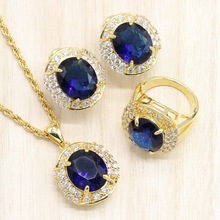 Conjuntos de joyas de Color dorado para mujer, pendientes redondos semipreciosos azules, colgante, collar, anillo para mujer, regalo de fiesta 2024 - compra barato