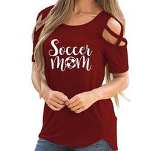Camiseta de fútbol con estampado de letras Mom para mujer, Top con hombros descubiertos, ropa informal de algodón de talla grande para primavera, 2021 2024 - compra barato